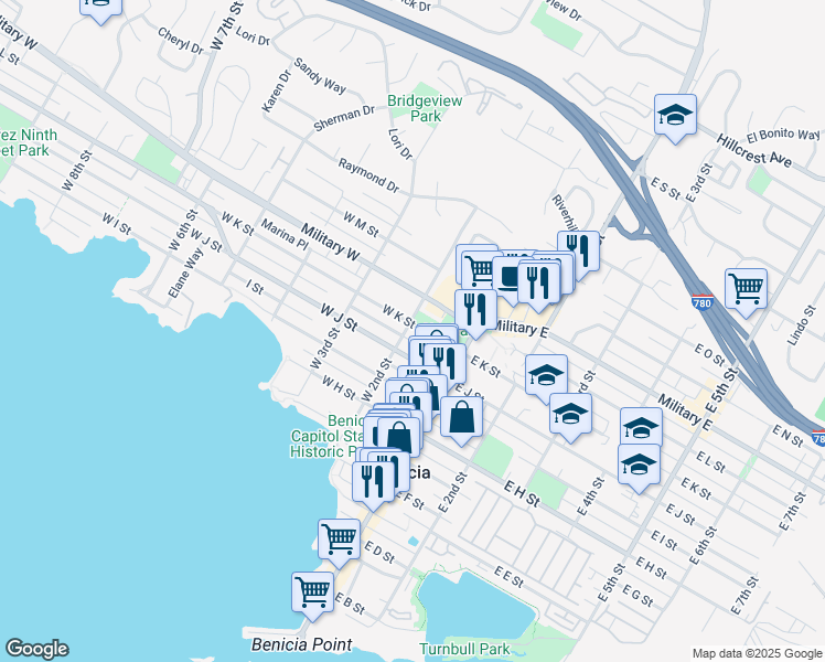 map of restaurants, bars, coffee shops, grocery stores, and more near 1022 West 2nd Street in Benicia