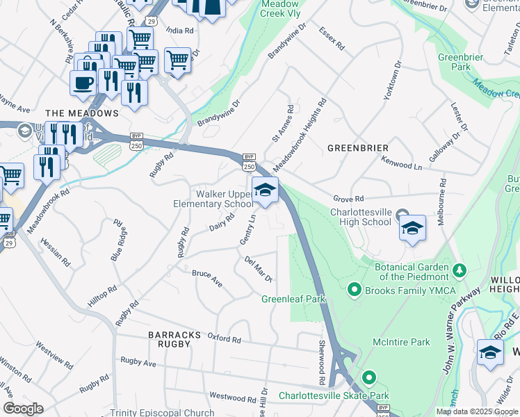 map of restaurants, bars, coffee shops, grocery stores, and more near 1507-1509 Gentry Lane in Charlottesville