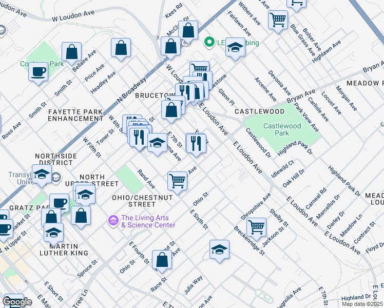 map of restaurants, bars, coffee shops, grocery stores, and more near 209 East 7th Street in Lexington