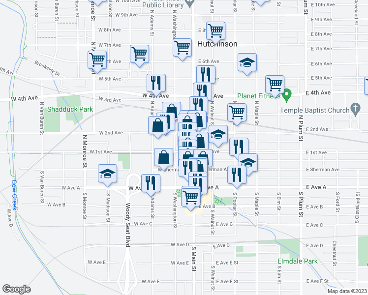 map of restaurants, bars, coffee shops, grocery stores, and more near 14 West 1st Avenue in Hutchinson