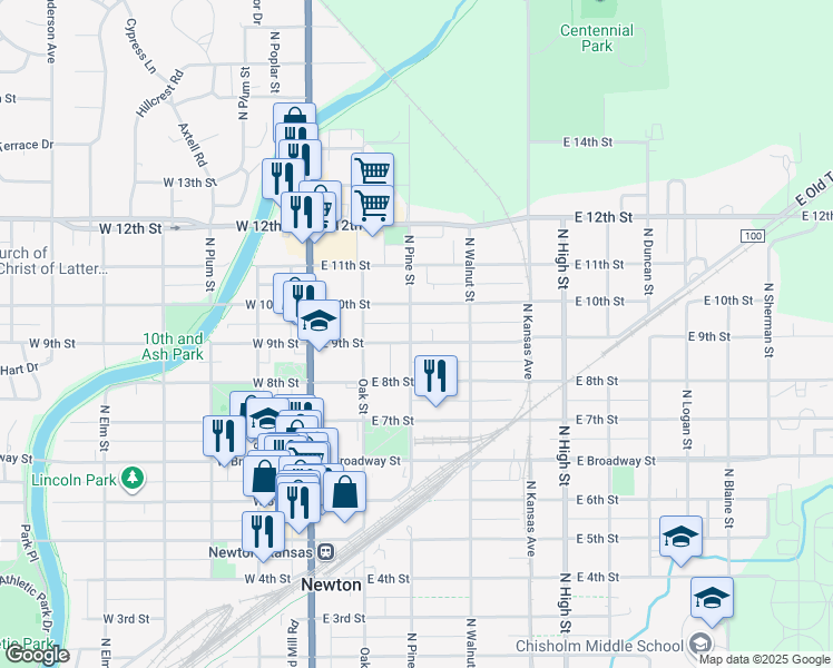 map of restaurants, bars, coffee shops, grocery stores, and more near 300 E 9th St in Newton