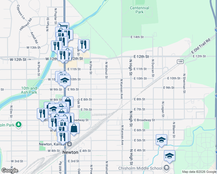 map of restaurants, bars, coffee shops, grocery stores, and more near 410 East 9th Street in Newton