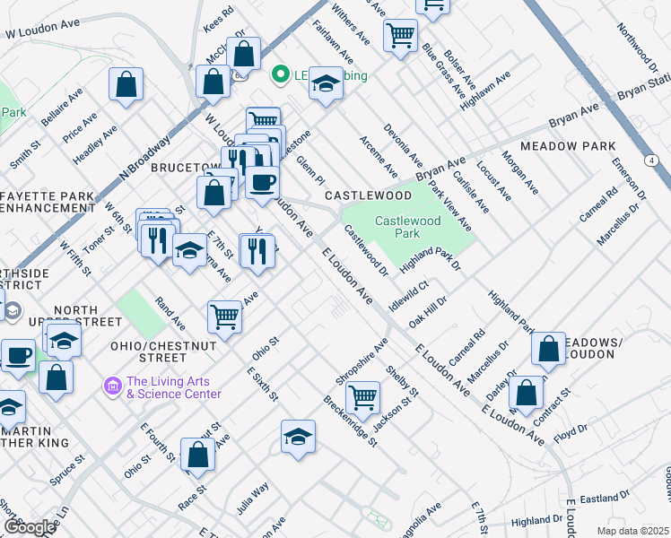 map of restaurants, bars, coffee shops, grocery stores, and more near 244 East Loudon Avenue in Lexington