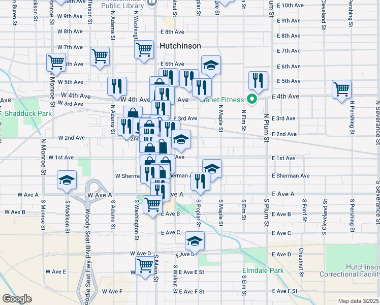 map of restaurants, bars, coffee shops, grocery stores, and more near 128 East 1st Avenue in Hutchinson