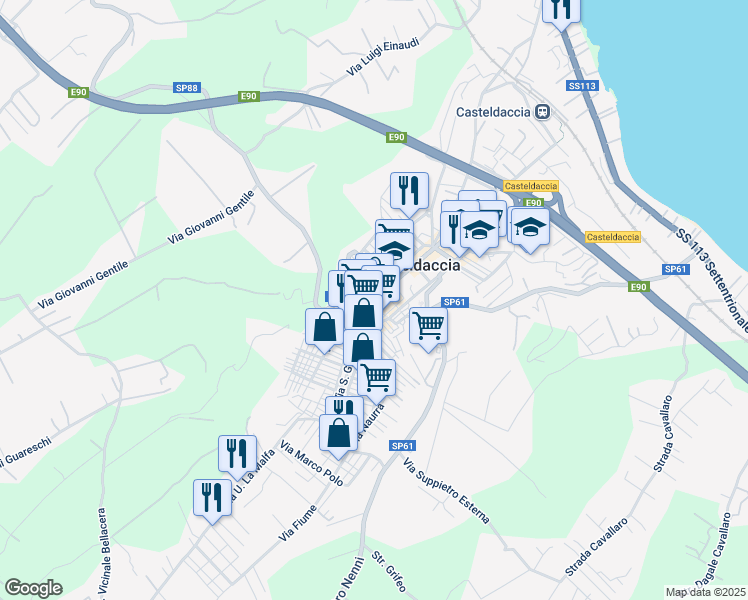 map of restaurants, bars, coffee shops, grocery stores, and more near 30 Via Roma in Casteldaccia