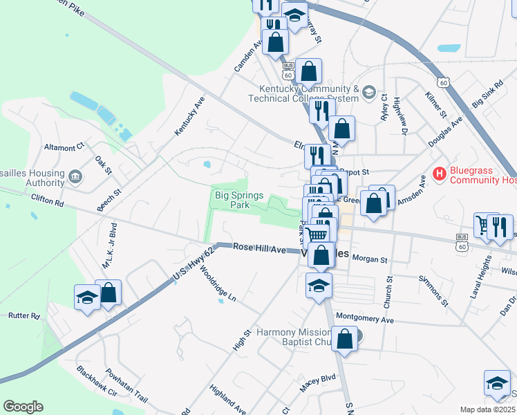 map of restaurants, bars, coffee shops, grocery stores, and more near Big Springs Park Path in Versailles