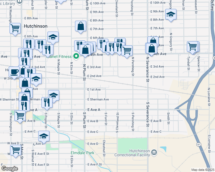 map of restaurants, bars, coffee shops, grocery stores, and more near 600 East 1st Avenue in Hutchinson