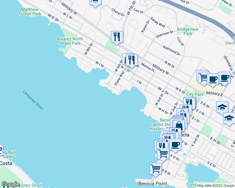 map of restaurants, bars, coffee shops, grocery stores, and more near 9 McKay Way in Benicia