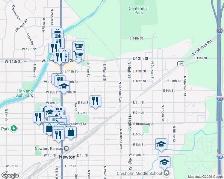 map of restaurants, bars, coffee shops, grocery stores, and more near 410 East 9th Street in Newton