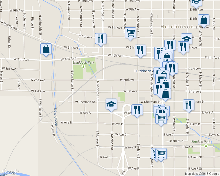 map of restaurants, bars, coffee shops, grocery stores, and more near 400 West 1st Avenue in Hutchinson