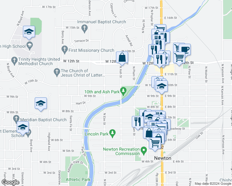 map of restaurants, bars, coffee shops, grocery stores, and more near 410 West 9th Street in Newton