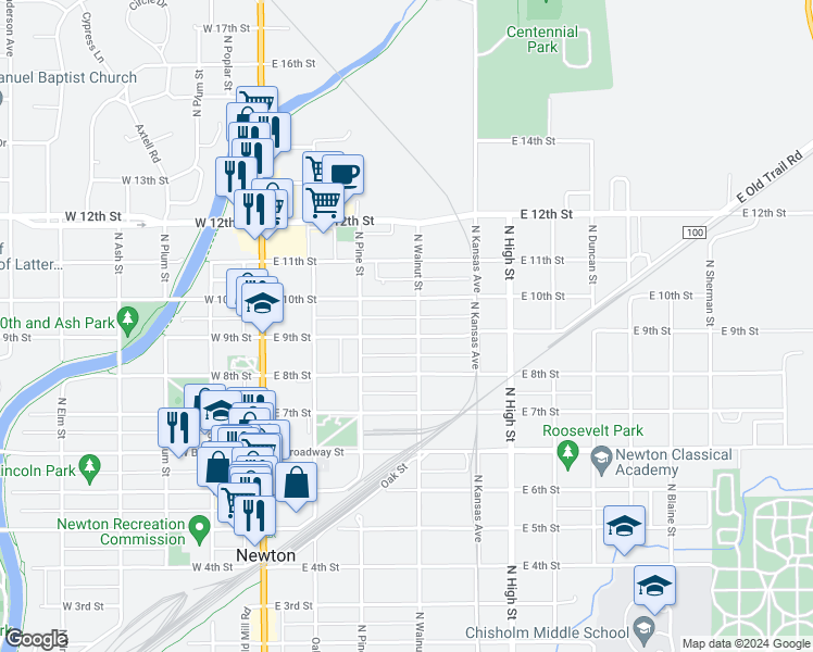 map of restaurants, bars, coffee shops, grocery stores, and more near 328 East 9th Street in Newton