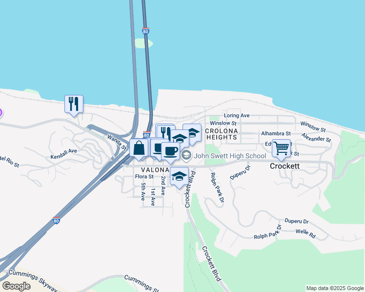 map of restaurants, bars, coffee shops, grocery stores, and more near 1103 4th Avenue in Crockett
