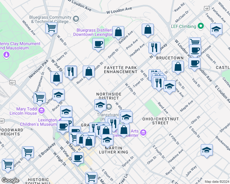 map of restaurants, bars, coffee shops, grocery stores, and more near 422 Kenton Street in Lexington