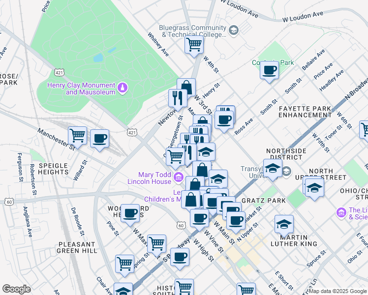 map of restaurants, bars, coffee shops, grocery stores, and more near 630 Ballard Street in Lexington