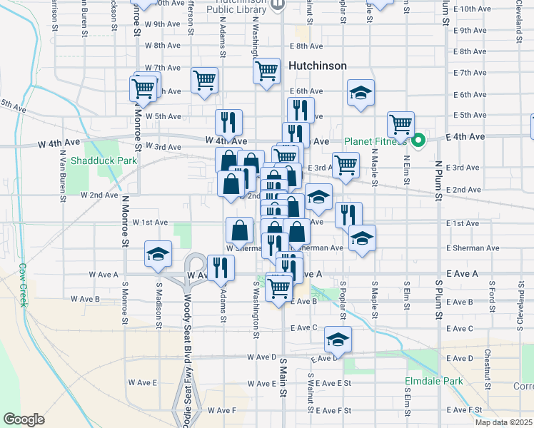 map of restaurants, bars, coffee shops, grocery stores, and more near 6996 Jim P.Martinez-Sunflower Trail in Hutchinson