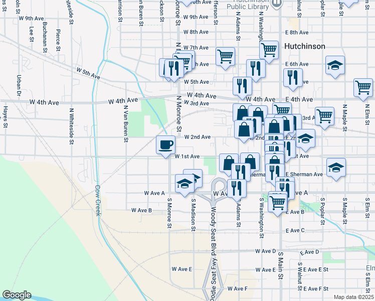 map of restaurants, bars, coffee shops, grocery stores, and more near 400 West 1st Avenue in Hutchinson