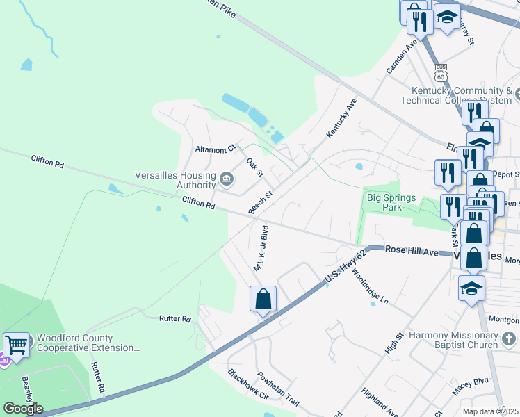 map of restaurants, bars, coffee shops, grocery stores, and more near 502 Beech Street in Versailles