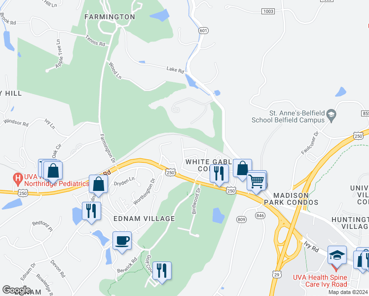 map of restaurants, bars, coffee shops, grocery stores, and more near 944 Marsh Lane in Charlottesville