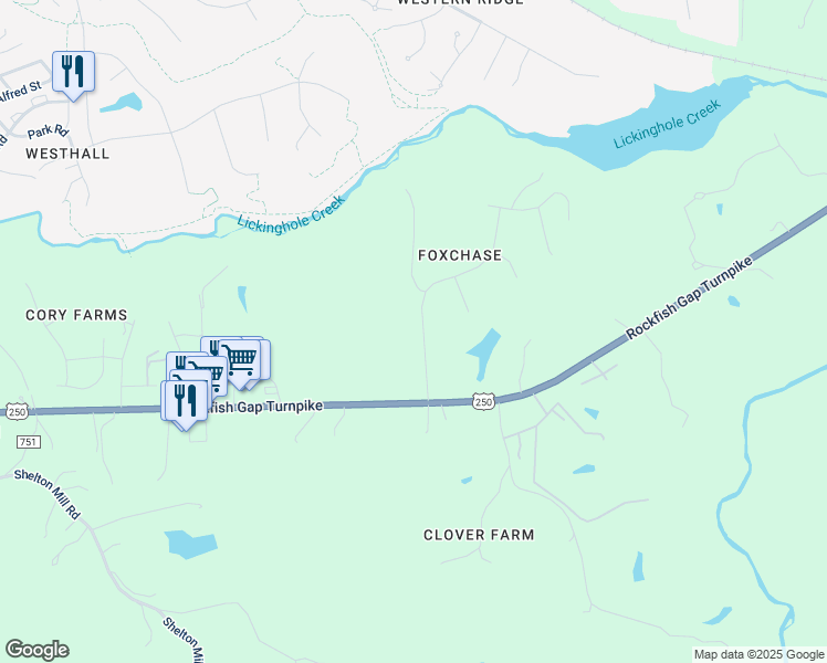 map of restaurants, bars, coffee shops, grocery stores, and more near 455 Foxdale Lane in Charlottesville