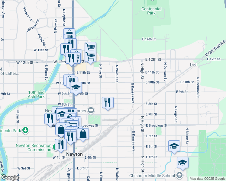 map of restaurants, bars, coffee shops, grocery stores, and more near 326 East 9th Street in Newton