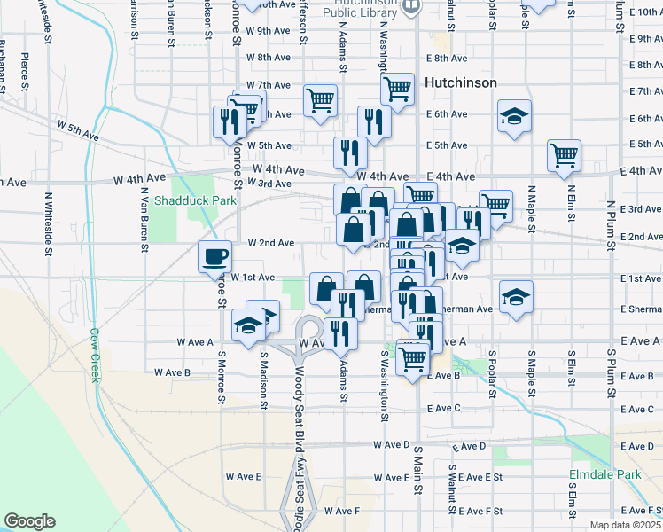 map of restaurants, bars, coffee shops, grocery stores, and more near 206 West 1st Avenue in Hutchinson