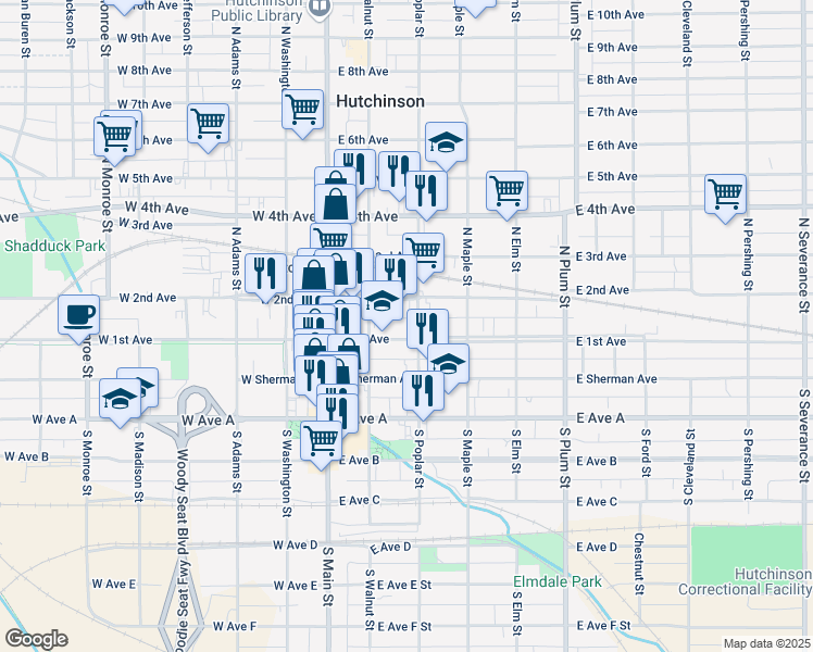 map of restaurants, bars, coffee shops, grocery stores, and more near 128 East 1st Avenue in Hutchinson