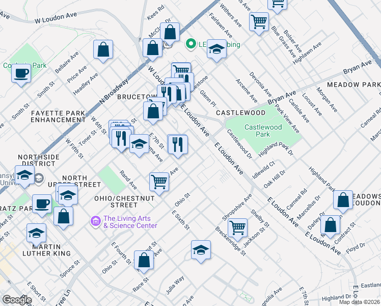 map of restaurants, bars, coffee shops, grocery stores, and more near 737 Maple Avenue in Lexington