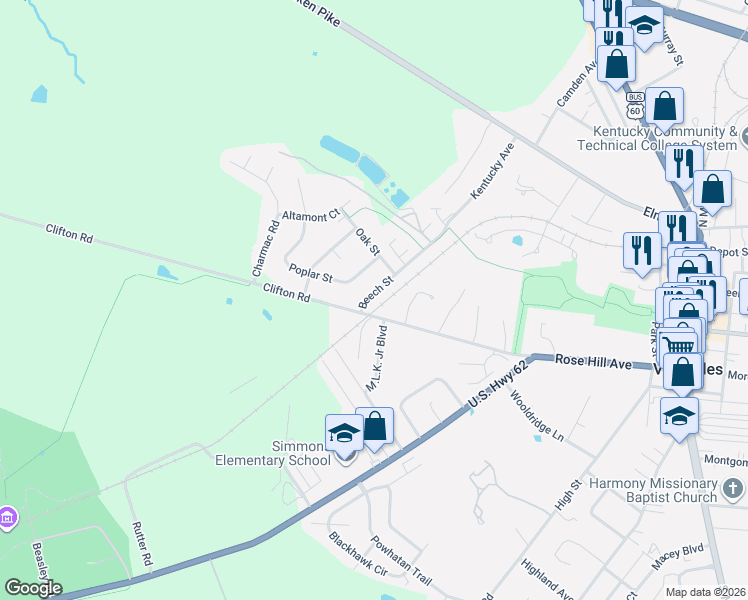 map of restaurants, bars, coffee shops, grocery stores, and more near 502 Beech Street in Versailles