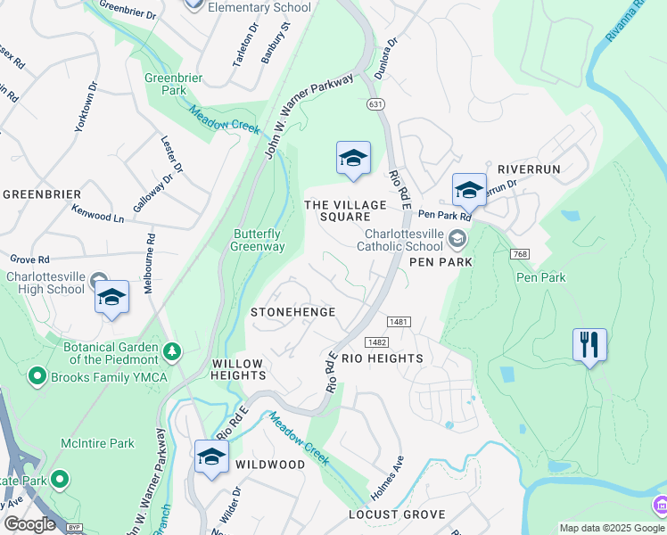 map of restaurants, bars, coffee shops, grocery stores, and more near 1413 Penfield Place in Charlottesville