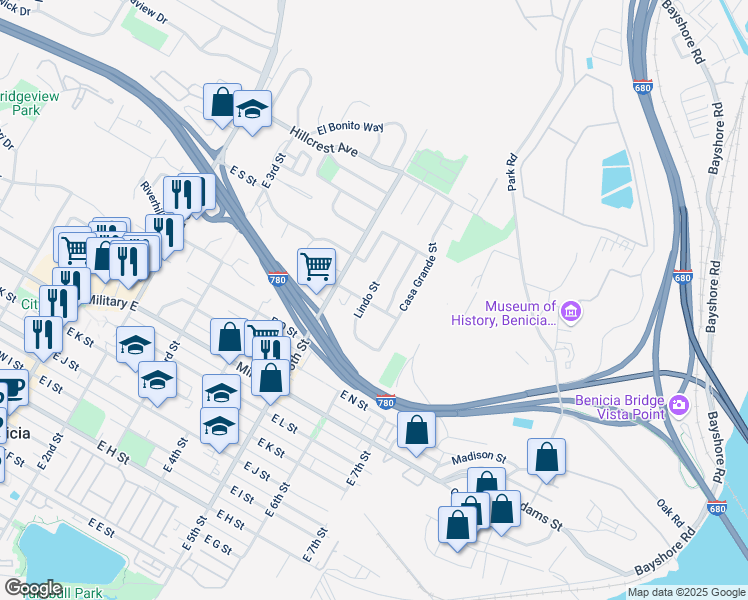 map of restaurants, bars, coffee shops, grocery stores, and more near 1882 Buena Tierra Street in Benicia