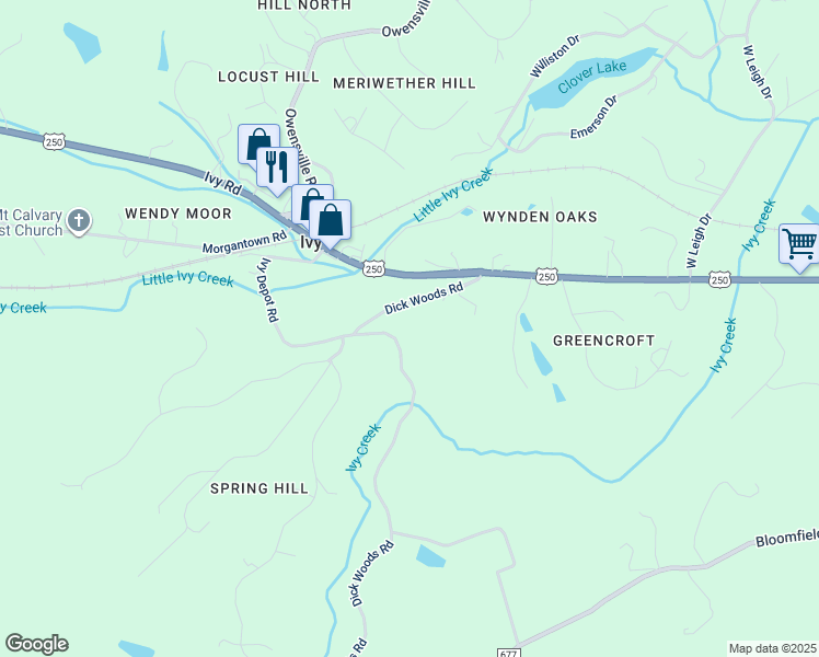 map of restaurants, bars, coffee shops, grocery stores, and more near 2611 Dick Woods Road in Charlottesville