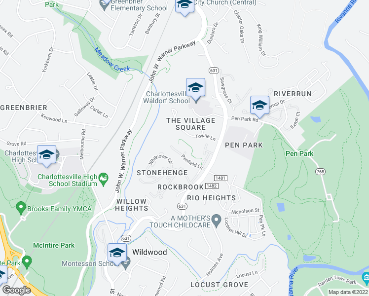 map of restaurants, bars, coffee shops, grocery stores, and more near 1413 Penfield Place in Charlottesville