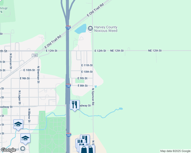 map of restaurants, bars, coffee shops, grocery stores, and more near 1000 North Spencer Road in Newton