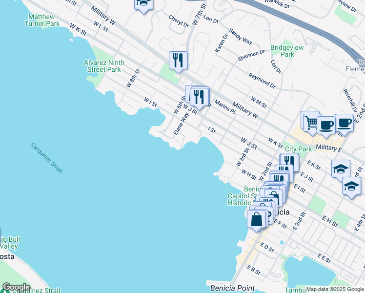 map of restaurants, bars, coffee shops, grocery stores, and more near 9 McKay Way in Benicia
