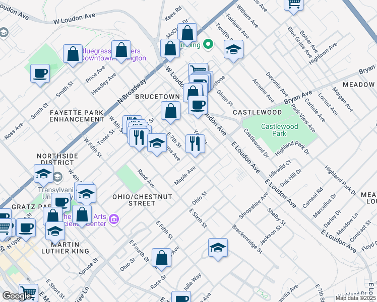 map of restaurants, bars, coffee shops, grocery stores, and more near 209 East 7th Street in Lexington