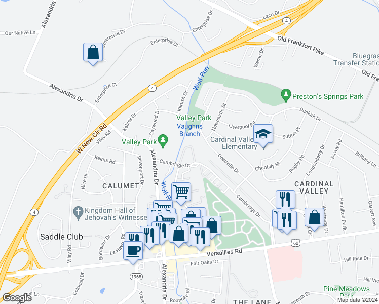 map of restaurants, bars, coffee shops, grocery stores, and more near 2045 Cambridge Drive in Lexington