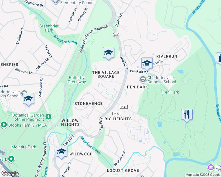 map of restaurants, bars, coffee shops, grocery stores, and more near 1720 Treesdale Way in Charlottesville