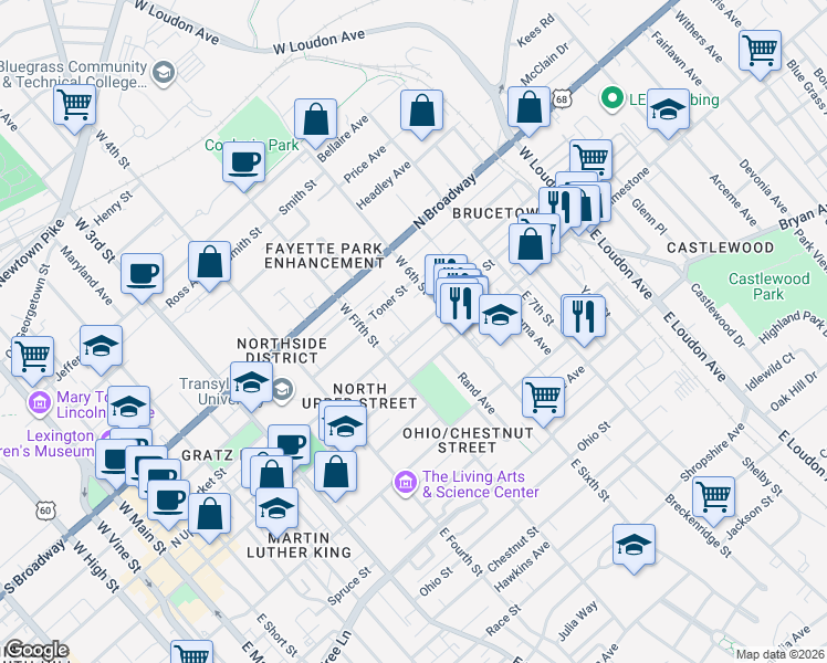 map of restaurants, bars, coffee shops, grocery stores, and more near North Upper Street in Lexington