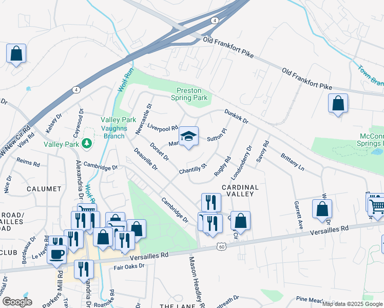 map of restaurants, bars, coffee shops, grocery stores, and more near 218 Mandalay Road in Lexington