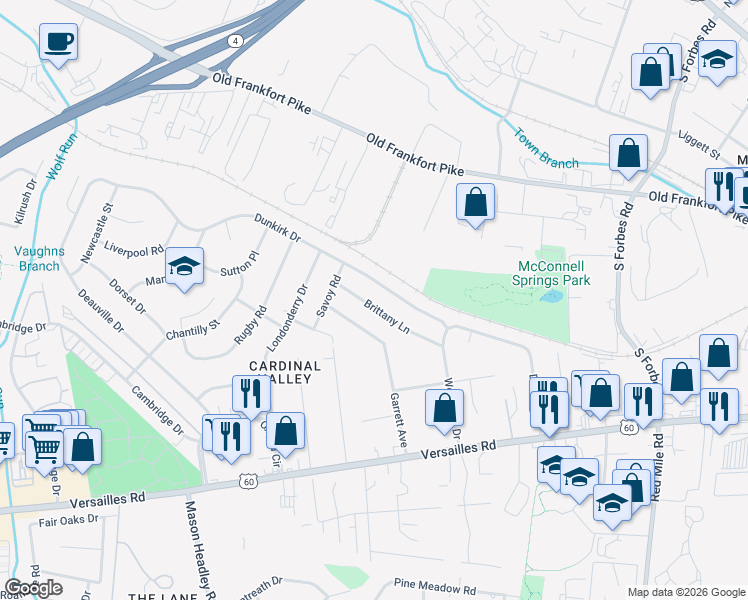 map of restaurants, bars, coffee shops, grocery stores, and more near 1661 Brittany Lane in Lexington