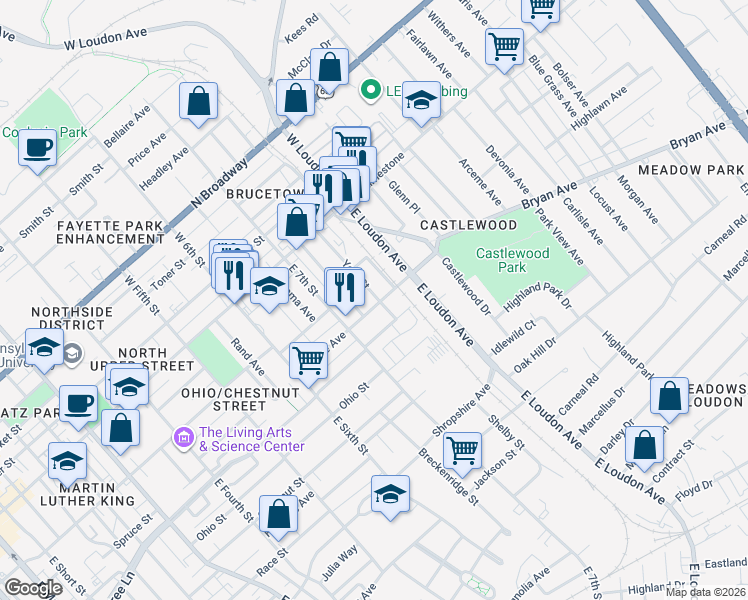 map of restaurants, bars, coffee shops, grocery stores, and more near 202 York Street in Lexington