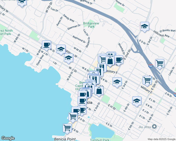 map of restaurants, bars, coffee shops, grocery stores, and more near West 2nd Street in Benicia
