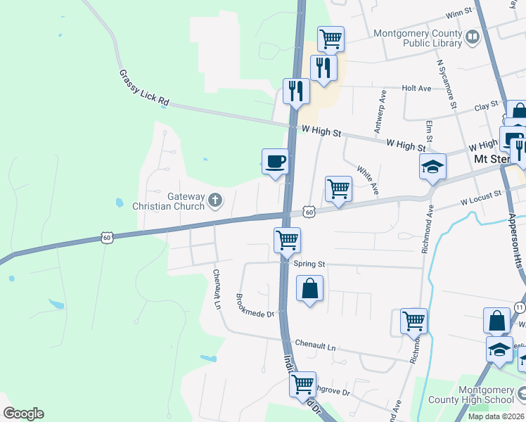 map of restaurants, bars, coffee shops, grocery stores, and more near 609 West Main Street in Mount Sterling