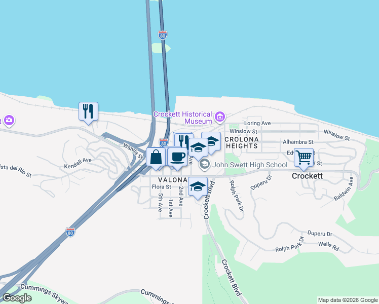 map of restaurants, bars, coffee shops, grocery stores, and more near 614 3rd Avenue in Crockett
