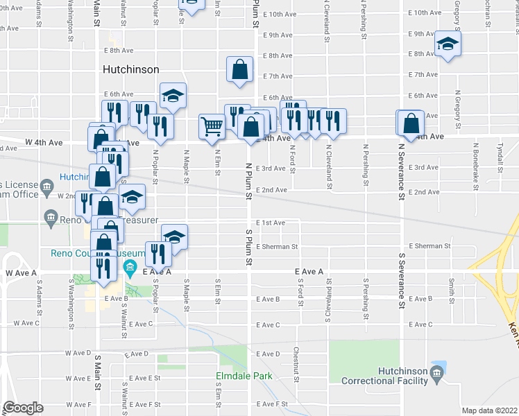map of restaurants, bars, coffee shops, grocery stores, and more near 514 East 1st Avenue in Hutchinson