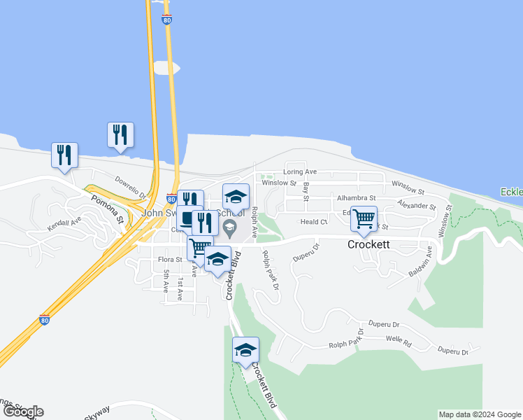 map of restaurants, bars, coffee shops, grocery stores, and more near 24 Crolona Heights Drive in Crockett