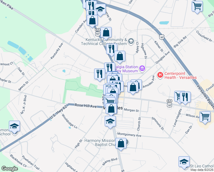 map of restaurants, bars, coffee shops, grocery stores, and more near 122 West Green Street in Versailles