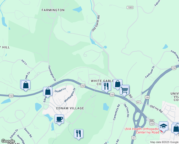 map of restaurants, bars, coffee shops, grocery stores, and more near 948 Marsh Lane in Charlottesville