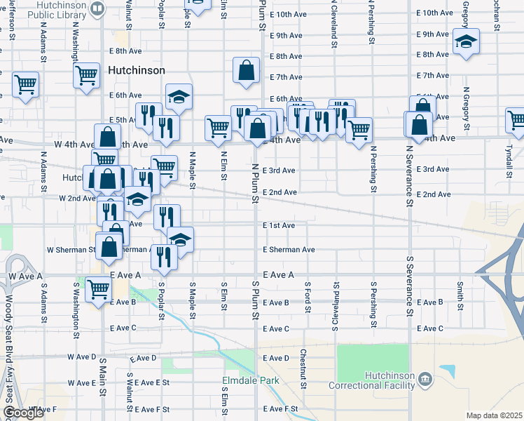map of restaurants, bars, coffee shops, grocery stores, and more near 112 North Plum Street in Hutchinson